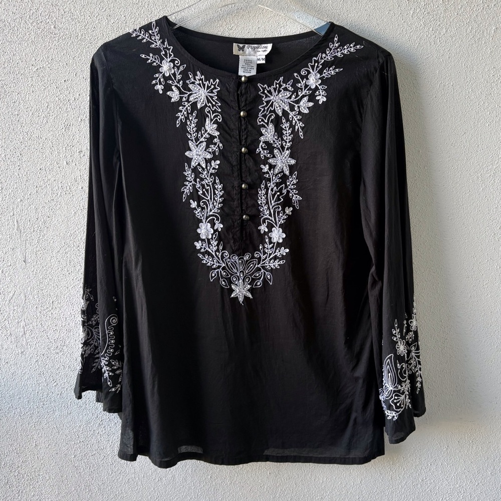 Papillon Size M Black Cotton Button Floral Embroidered Beaded Bell Sleeve Blouse
